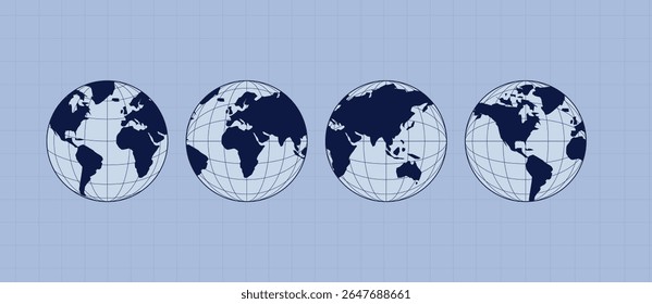 World map set. Europe, Asia, America, Oceania globe maps. World globe icons isolated on blue background. Terrestrial globes.