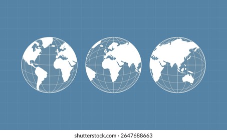 World map set. Europe, Asia, America, Oceania globe maps. World globe icons isolated on blue background. Terrestrial globes.
