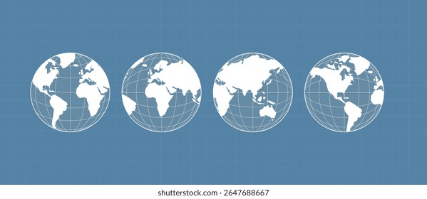 World map set. Europe, Asia, America, Oceania globe maps. World globe icons isolated on blue background. Terrestrial globes.