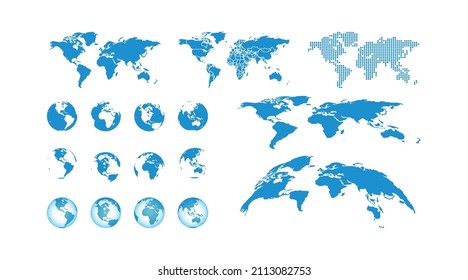 World map set on transparent background. Globe vector modern blue icon