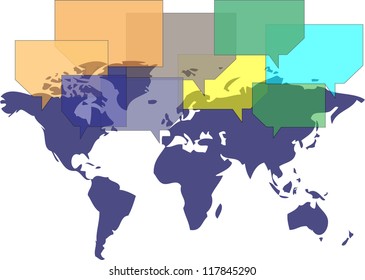 World map with several balloons communicating