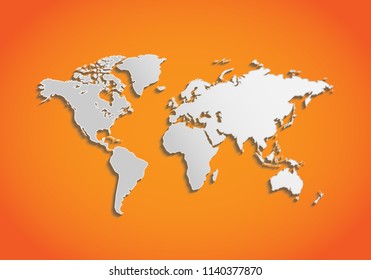 World Map With Shadows. Simple Picture Of Word Map On Orange Background. Vector Illustration.