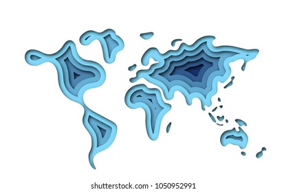 World map shape in modern 3d paper cut art style. Vector illustration. Colorful layered papercraft cut out design.