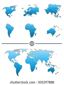 World map shape and separated continents with states tuned in blue color