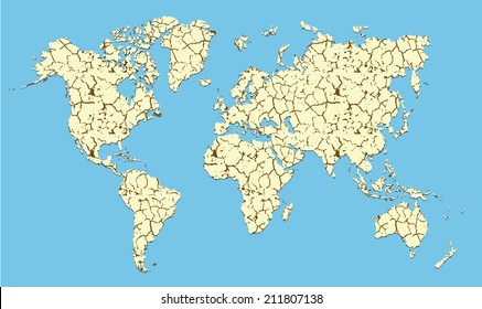 World map shaped with cracked clay textures symbolizing drought and climate issues, set on a soft blue background.