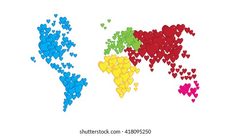 world map in shapes of heart, concept of love and peace
