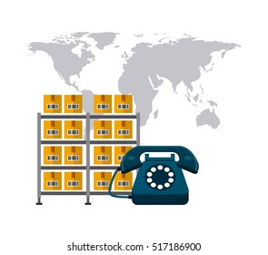 world map with shelves with carton boxes and telephone icon. export and import colorful design. vector illustration