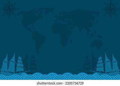 World Map and Ship Silhouette Background Illustration with Copy Space for World Maritime or Same Theme