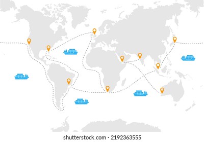 World map with ships, sea ports and transport routes. Vector illustration