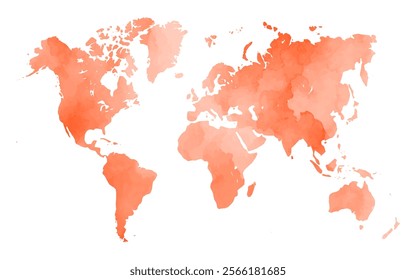 A world map showcases a beautiful watercolor texture in soft coral tones. The design highlights continents while blending colors harmoniously, creating a vibrant, artistic representation.