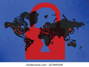  World map showing the coronavirus epidemic spreading around the world. 2019-nCoV  spreading. Pandemic medical concept with cells.Сountries close the entrance.