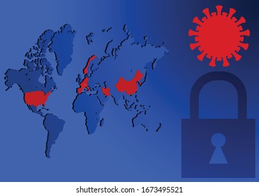  World map showing the coronavirus epidemic spreading around the world. 2019-nCoV  spreading. Pandemic medical concept with cells.Сountries close the entrance.