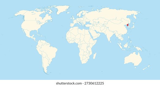 Mapa del mundo que muestra la ubicación geográfica de Corea del Norte en el este de Asia sobre fondo plano blanco
