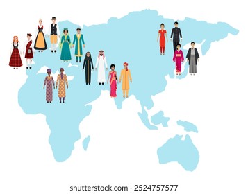 Mapa mundial que muestra individuos con ropa tradicional de diferentes regiones. Por la diversidad cultural, la unidad global, el multiculturalismo, el patrimonio mundial, la tradición, la inclusión, la representación cultural.