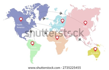 World map showing regions of continents with travel routes among North America, South America, Europe, Africa, Asia, and Australia. Vector illustration