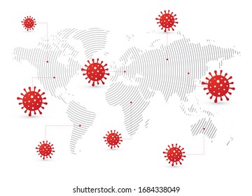 world map showing the spread of the world epidemic with red symbols of the covid-19 virus