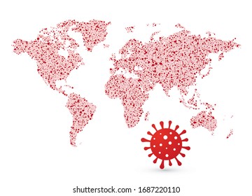 mapa mundial que muestra la propagación de la epidemia mundial con símbolos rojos del virus covid-19