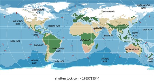 World Map Showing Tectonic Plates Boundaries illustration