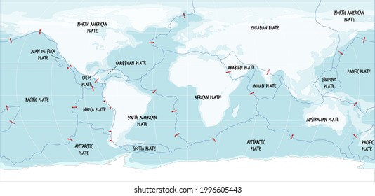 World Map Showing Tectonic Plates Boundaries illustration