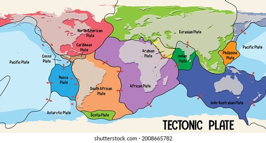 World Map Showing Tectonic Plates Boundaries illustration