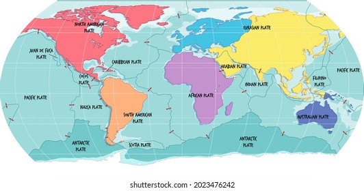 World Map Showing Tectonic Plates Boundaries illustration