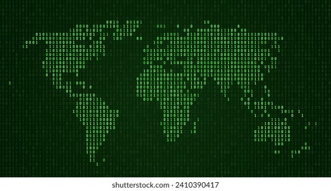 Mapa mundial mostrado en el patrón de código binario. Números de la matriz verde, cero, uno. 