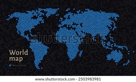 World Map with Shown in a blue Mosaic Pattern	