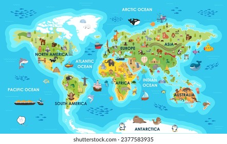 World map with sight, animals, landmarks. Global atlas for children, travel around planet. Continents of America, Australia, Africa, Europe, Asia, Antarctica. Vector illustration