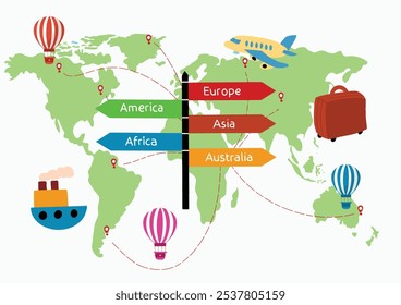 World map with sight landmarks. Global atlas for children, travel around planet. Continents of America, Australia, Africa, Europe, Asia, Antarctica. Vector illustration