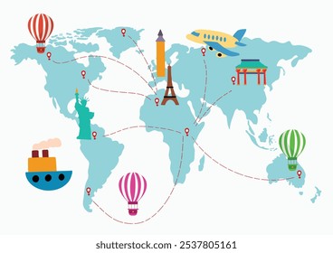 Mapa mundial con Lugares famosos de vista. Atlas global para niños, viajes alrededor del planeta. Continentes de América, Australia, África, Europa, Asia, Antártida. Ilustración vectorial