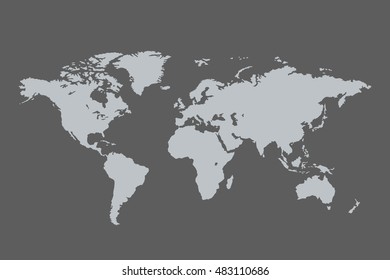 World map sign and icon isolated on grey background. Monochrome worldmap vector template for website, design, cover, annual reports, infographics. Flat earth graph illustration. 