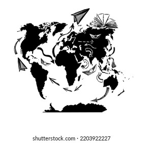 Weltkarte Silhouette mit Pfeilen Abstraktion. Vektorgrafik