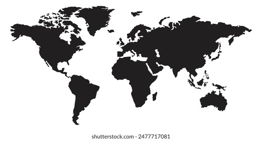 World map silhouette, black and white, flat design, world map template, vector illustration.