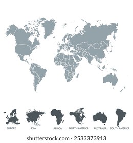 Mapa mundial. Mapa de silueta. Continentes.	