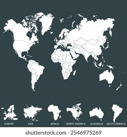 World map. Silhouette map. Continents.