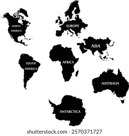 World map silhouette continents, North and South America, Europe and Asia, Africa and Australia, Antarctica