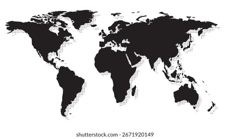 Silueta del mapa del mundo con una sombra de semitono punteada. Ilustración vectorial mundial y de viajes.