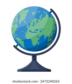 World map silhouette. Globe in dots on plastic stand. Cartography and geography. Vector illustration in flat style