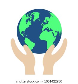 World map silhouette. Globe in hands. Planet earth. Cartography and geography. Vector illustration on white