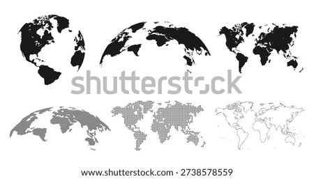 World map silhouette icon set in vector style showing globe projections, dotted patterns, and outline maps for geography, education, and design templates. EPS Vector.