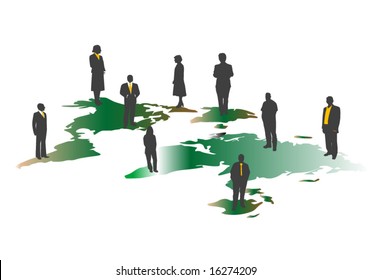 World map silhouette isolated on white and people