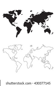 World map silhouette, line of world map vector illustration