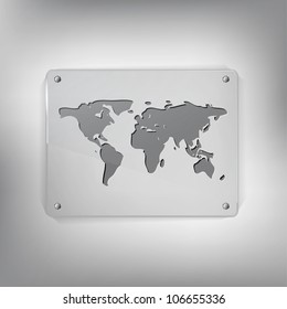 World map silhouette on the glass label with screws