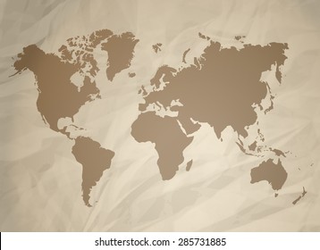 World Map Silhouette on a Retro Paper, Vector Illustration. 