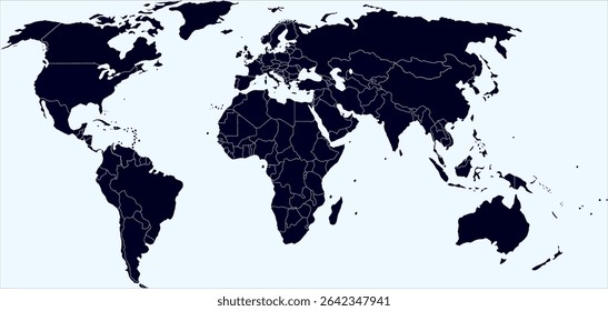 World map silhouette outline. Pacific Ocean, Geographical map, World map. Europe. Asia. America. Africa. Australia. Japan. Globe. Vector.