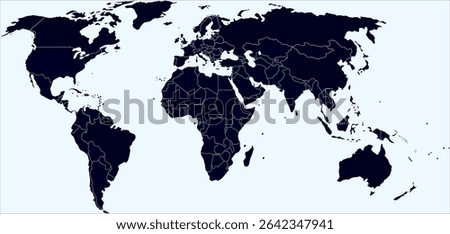 World map silhouette outline. Pacific Ocean, Geographical map, World map. Europe. Asia. America. Africa. Australia. Japan. Globe. Vector.