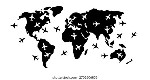 Mapa do Mundo com Ícones de Avião. Gráficos Globais de Viagens e Aviação Representando Conectividade Internacional. Adequado para materiais promocionais focados na mobilidade e exploração mundiais.