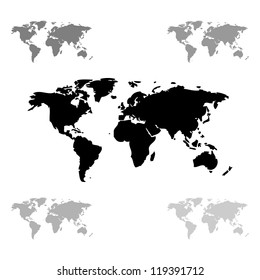 World Map Silhouette Set – Central Black Map with Surrounding Gray Variants in Minimalist Style. A clean and modern set of six stylized world maps arranged in a symmetrical layout. The central map is rendered in bold black, surrounded by five smaller gray variants. Each map emphasizes continental shapes without borders or labels, focusing on global geography and spatial distribution. Ideal for use in educational materials, presentations, editorial layouts, infographics, branding visuals, or geographic design projects. The minimalist vector style ensures versatility across print and digital platforms.