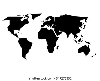 World map silhouette - simplified black vector shape divided into six continents - South America, North America, Europe, Africa, Asia and Australia