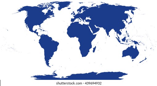 World map silhouette. The surface of the Earth. Detailed map of the world with shorelines under the Robinson projection. Blue illustration on white background.